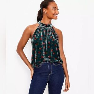 NWT Loft Floral Velvet Shirred Halter Top | Green Floral | XS